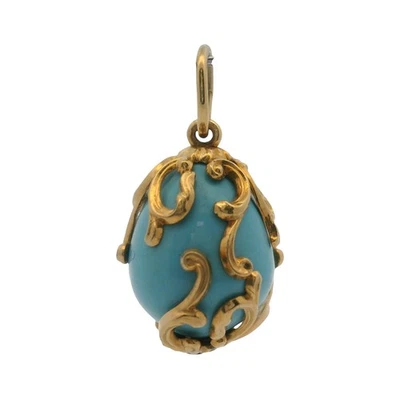 Vintage 14kt Yellow Gold Turquoise Decorated Scroll Egg Necklace Pendant - Image 1 of 4
