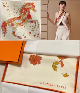 Unused HERMES Carre Geant 140 Robe Legere 100% Silk Scarf 140cm Creme Vermillon - Picture 1 of 22