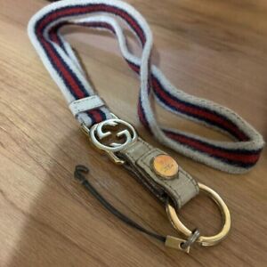 Gucci ID Lanyard Neck Strap Web Stripe Blue Red White Sherry Keychain Rare w/Box