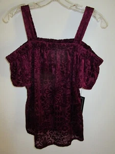 A. Byer Women's Short Sleeve Off the Shoulder Bordeaux Sheer Velvet Top Size S - Picture 1 of 13