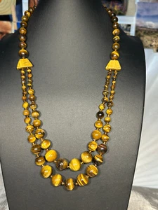 DOUBLE ROW GRADUATED TIGERS EYE BEAD NECKLACE - 18" & 3 ADJUSTABLE - Picture 1 of 5