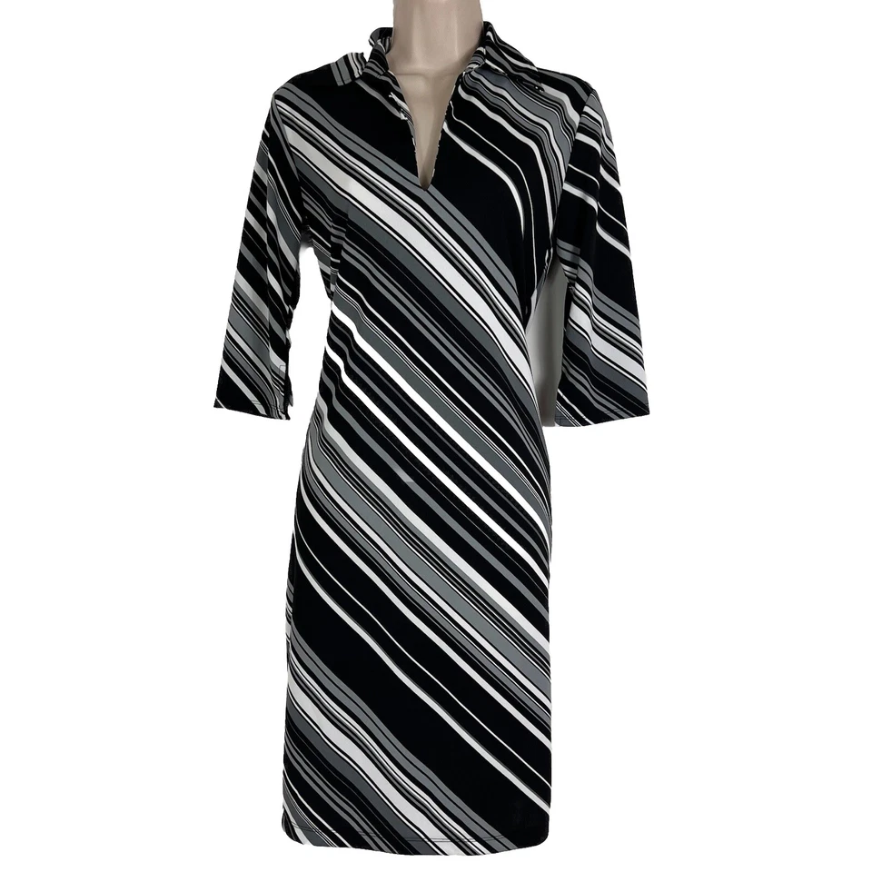 Vestido Express para mujer talla 3/4 a rayas hasta la rodilla manga 3/4 cuello en V funda Foto 1 de 4