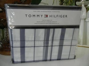 NIP TOMMY HILFIGER 3 PIECE TWIN XL X-LONG NAVY BLUE WHITE BOX PLAID SHEET SET - Picture 1 of 3