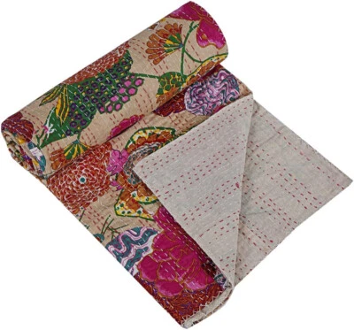 Pink Color Kantha Quilt Cotton Bedspread Floral Print Blanket Handmade Bedsheet - Image 1 of 4
