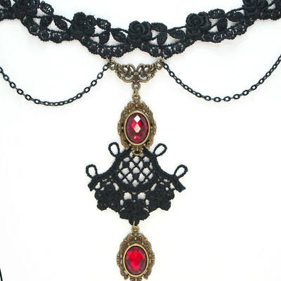 Gothic Victorian Black Lace Choker Necklace Collar Red Jewel Gem Costume Jewelry - Image 1 of 4