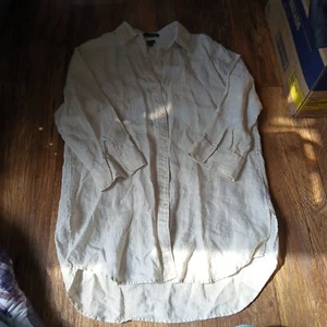 Vintage Ralph Lauren Tunic Button Up Top 100% Linen Cream With Gold Thread Sz M - Picture 1 of 6