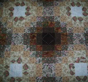 Hand quilted Homemade Quilt, Brown & Cream Cotton, Handmade by Laura Mae 60 x 41 - Picture 1 of 12