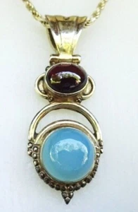 Vintage 925 Sterling Silver Garnet And Blue Chalcedony PENDANT 20" Necklace - Picture 1 of 12