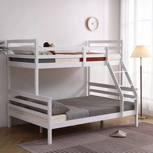 Modern Wood Twin Over Full Bunk Beds Frame Ladder Guardrail Kids Bed Bedroom - Picture 1 of 2