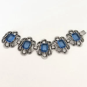 Vintage klobig blau Glas Zinn Blume Link Statement Armband 7" - Bild 1 von 11