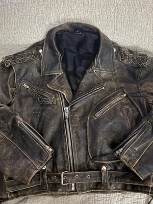 摩托车皮夹克男式 L 棕色仿旧摩托车骑手拉链腰带编织 — 第 1/4 张图片