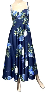 Monique Lhuillier Collection Navy Blue Floral Bustier Long Midi Gown Dress US 4 - Picture 1 of 9