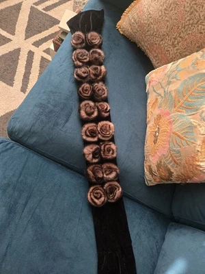 Vintage Rabbit Rosette Scarf  Black With Honey Brown Rosettes 35" X 3" - Image 1 of 4