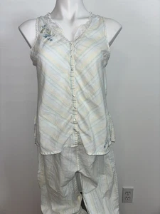 Earth Angels Y2K 100% Cotton Pajama Set Small Floral Lace Trim Striped Komar - Picture 1 of 8