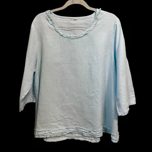 100% Linen Pullover Blouse 3/4 Sleeves Light Blue Ruffle Neckline & Hem Beachy - Picture 1 of 3