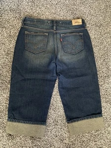 Vintage Levis Jeans 515 Capri Size 8 Stretch Dark Blue Denim Rolled Cuff Scored - Picture 1 of 7