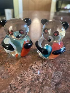 Art Glass Figurines Paperweights 2 Panda Bears - Picture 1 of 7