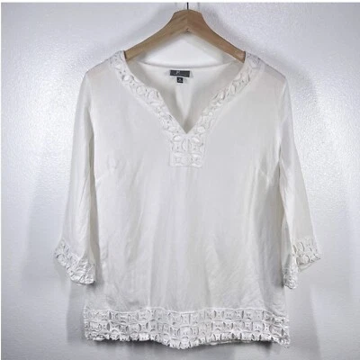 JM Collection Linen Blend Top V-Neck Crochet Trim 3/4 Sleeve White Size Medium - Image 1 of 4