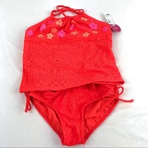 Justice Girls Orange Lace Tankini Swimsuit Flower Sequins 8 NWT AB3-5 - Picture 1 of 4