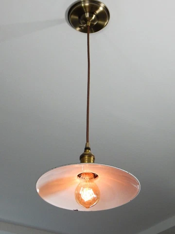 Cloth Cord Pendant Light Fixture. Vintage Enameled French Shade. New Fixture Cover