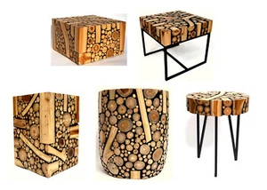 Mesa de disco de árbol mesa auxiliar de madera mixta asiento taburete teca mesa de centro de tres patas - Imagen 1 de 41