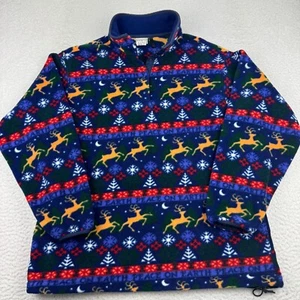 LL Bean Fleece Snap Pullover Womens Peace On Earth Christmas Reindeer VTG USA - Picture 1 of 9