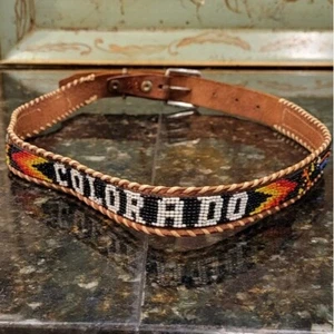 Vintage Tooled Leather & Bead Colorado Belt. Tan Leather and Colorful Bead Work - Picture 1 of 13