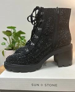 New W/box Sun Stone KANDYF Black Bling Combat Boots 7.5 M - Picture 1 of 6
