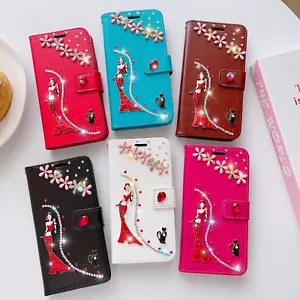 Bling Women's cat Flowers Flip Leather Wallet Case For iPhone16/15/14/13/11/12 - Picture 1 of 24