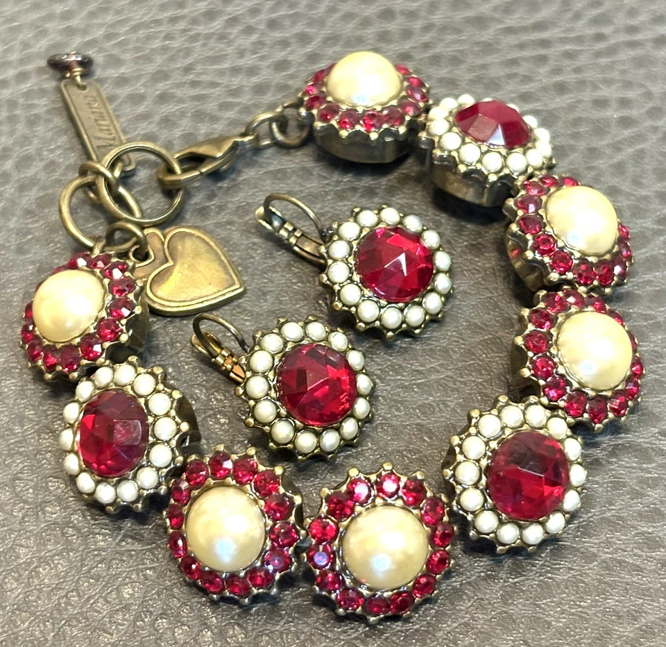 Mariana Siam Red Rhinestone Crystals & Faux Pearls Bracelet Earrings Set - Image 1 of 4