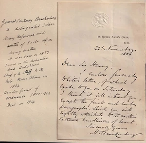 1886 GENERAL SIR HENRY BRACKENBURY to Sir Henry Ponsonby, Queens Secretary - Picture 1 of 1