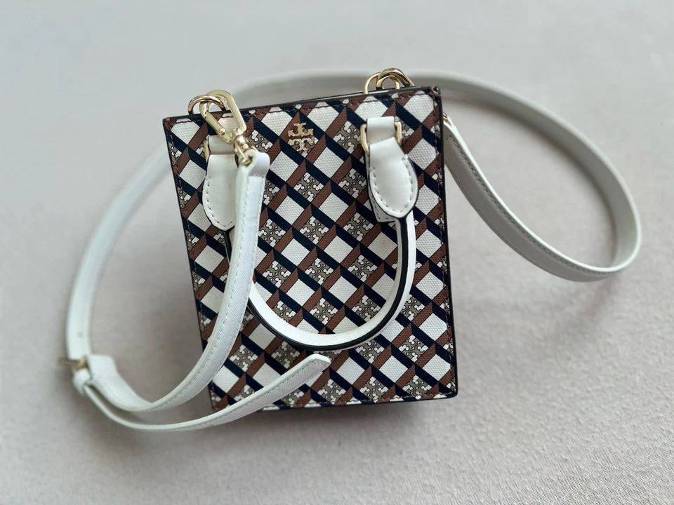 Bandolera Tory Burch Blake Mini Shopper Blanco Marrón Cuero Logo Geométrico 2 Vías Foto 1 de 4