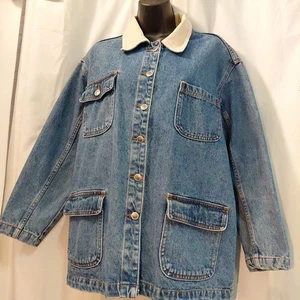 Vintage 90s Bill BLASS Womens Blue Denim Chore Coat Cord Collar M - Bild 1 von 9