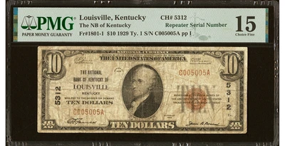 1929 Louisville, KY $10 Type 1 The National Bank of Kentucky Ch. # 5312 PMG F15 - Image 1 of 2