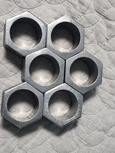 Vintage 6 Piece Polygon Hexagon Bolt Wilton Armetale Pewter Napkin Ring Holders - Picture 1 of 7