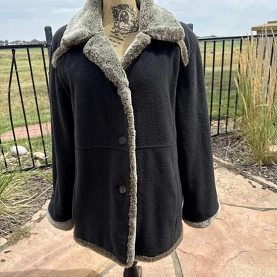 Abrigo J. Jill Negro Mezcla Lana Imitación Gamuza y Marrón Imitación Piel Abotonada - Damas L Foto 1 de 4