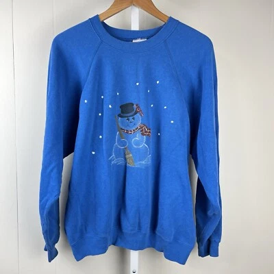 Sudadera Hanes Vintage XXL Muñeco de Nieve Pintado a Mano Azul Manga Raglán Invierno Años 80 Foto 1 de 4