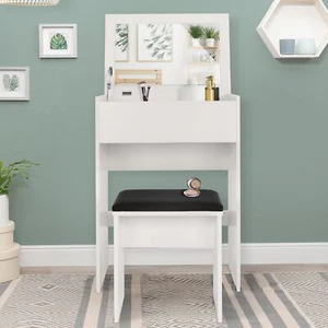 Tocador blanco moderno con espejo plegable y taburete negro MDF 60x40x122 cm - Imagen 1 de 5