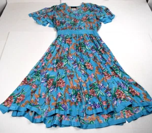 Vintage Silk Dress Size S/M 80s Diane Freis Turquoise Sheen Spring Flowers NWOT - Picture 1 of 11