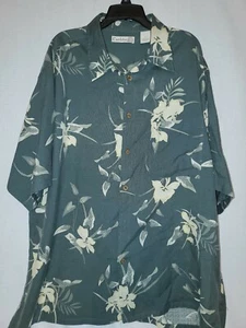 Caribbean Rountree & York Mens L Hawaiian Green Floral Silk Blend Shirt - Picture 1 of 5