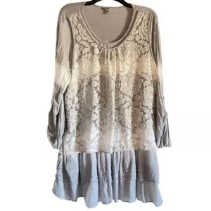 Kaktus Romantic Lace Overlay Tunic Dress/Top Ruched Sleeves Gray Ombre Flowey XL - Picture 1 of 13
