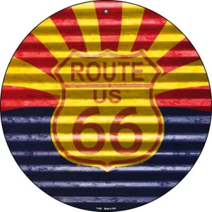 Route 66 Arizona Flagge Neuheit rund rundes Blechschild 12" Haus Garage Dekor - Bild 1 von 1