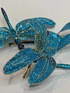 Lot 3 Turquoise Glitter Bead Rhinestone Dragonfly Clip-On Christmas Ornaments 7" - Picture 1 of 9
