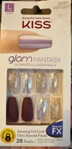 Kiss Nails Glam Fantasy Glue or Press on Manicure square Silver Burgundy Holo - Picture 1 of 1