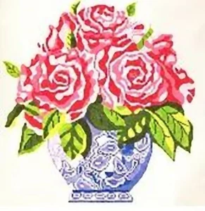 Needlepoint Handpainted Jean Smith Blue Vase of Roses ~ Pink or Coral 14x14 - Picture 1 of 6