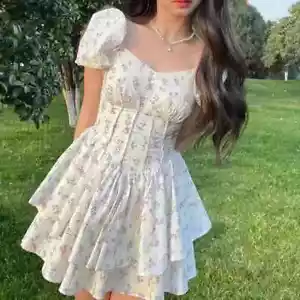 Dress Women Summer Party Dress Short Mini Puff Sleeve Floral Dress Female - Picture 1 of 14