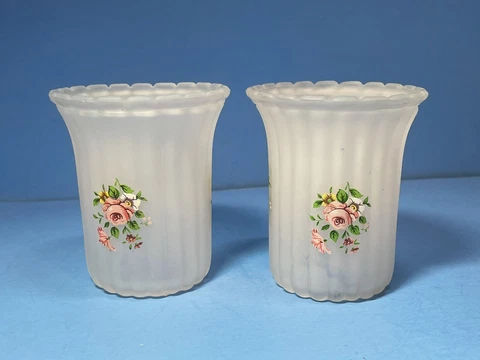 5" Tall Antique￼ Frosted Small Glass Lamp Light Shades Painted Floral Design Cover
