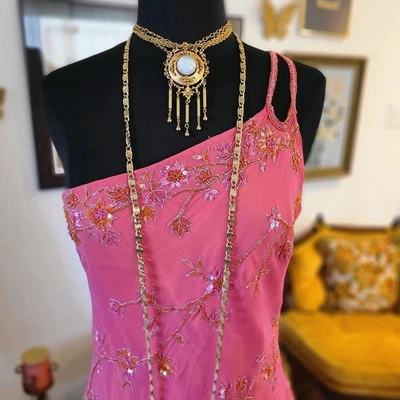 Y2K 🧡 SCALA Sz XL 100% Silk Beaded Dress Pink Chiffon Over Orange Satin   - Image 1 of 4