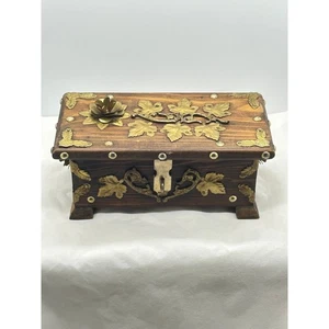 Vintage Wooden Keepsake Box Ornate Gold Floral Accents Decorative Trinket Chest - Picture 1 of 16
