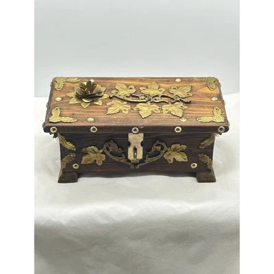 Vintage Wooden Keepsake Box Ornate Gold Floral Accents Decorative Trinket Chest - Image 1 of 4